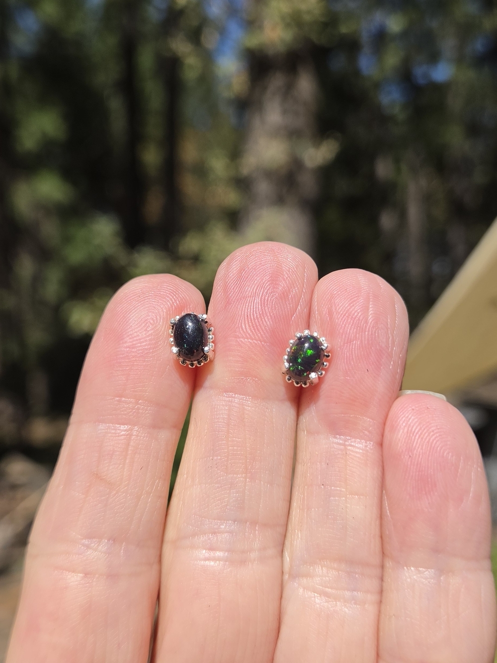 Black Opal Oval Stud Earrings in Sterling Silver 2k Each